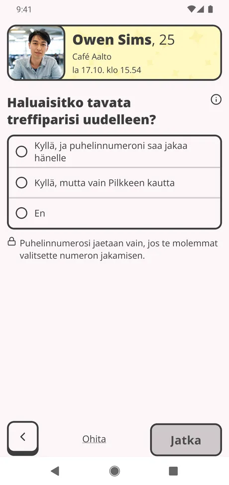 Treffipalaute puhelimessa: kuka oli treffeillä ja milloin, ja kysymys siitä, haluaisitko tavata treffiparisi uudelleen, vastausvaihtoehtoineen.