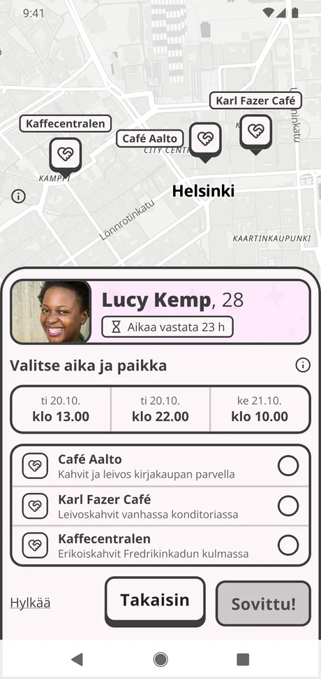 Saapunut treffikutsu: kutsujan nimi ja kuva, tarjotut ajat ja paikka.