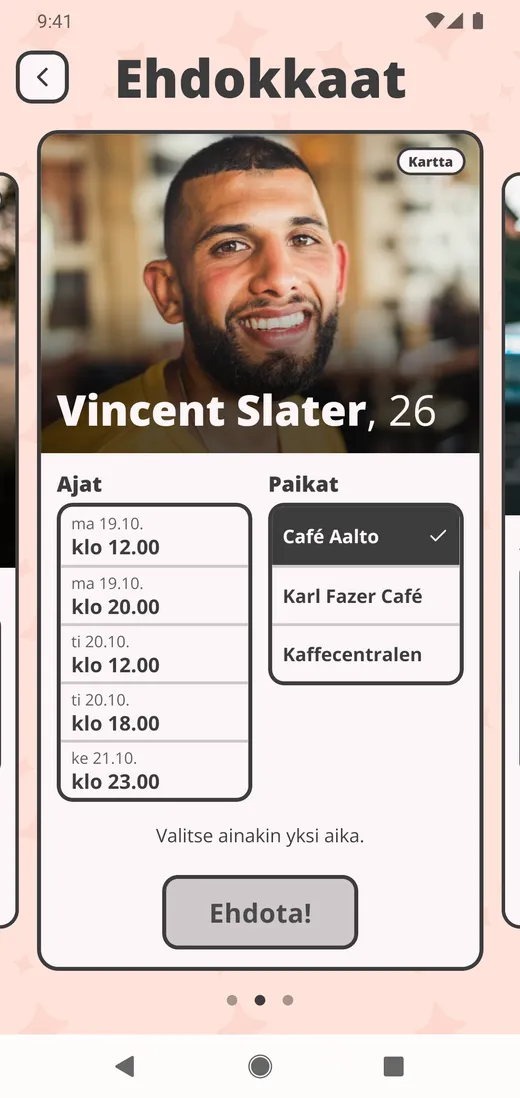 Ehdokkaat-näkymä: yksi ehdokas, hänen kanssaan yhteiset ajat ja valittu tekeminen.