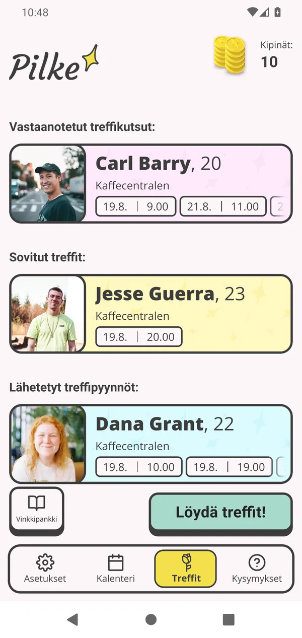 Pilkkeen etusivu puhelimessa: kipinöiden määrä ylhäällä, alla omat treffit ja saapuneet kutsut.
